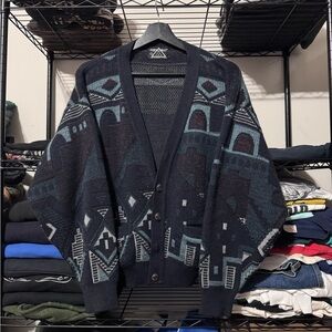 Port Authority Navy and Teal Geometric V-Neck Cardigan